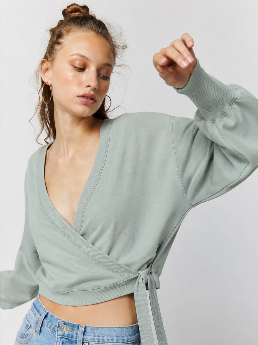 Thrive Société Sage Green Wrap Sweatshirt Top Tie Waist Soft Lounge Small